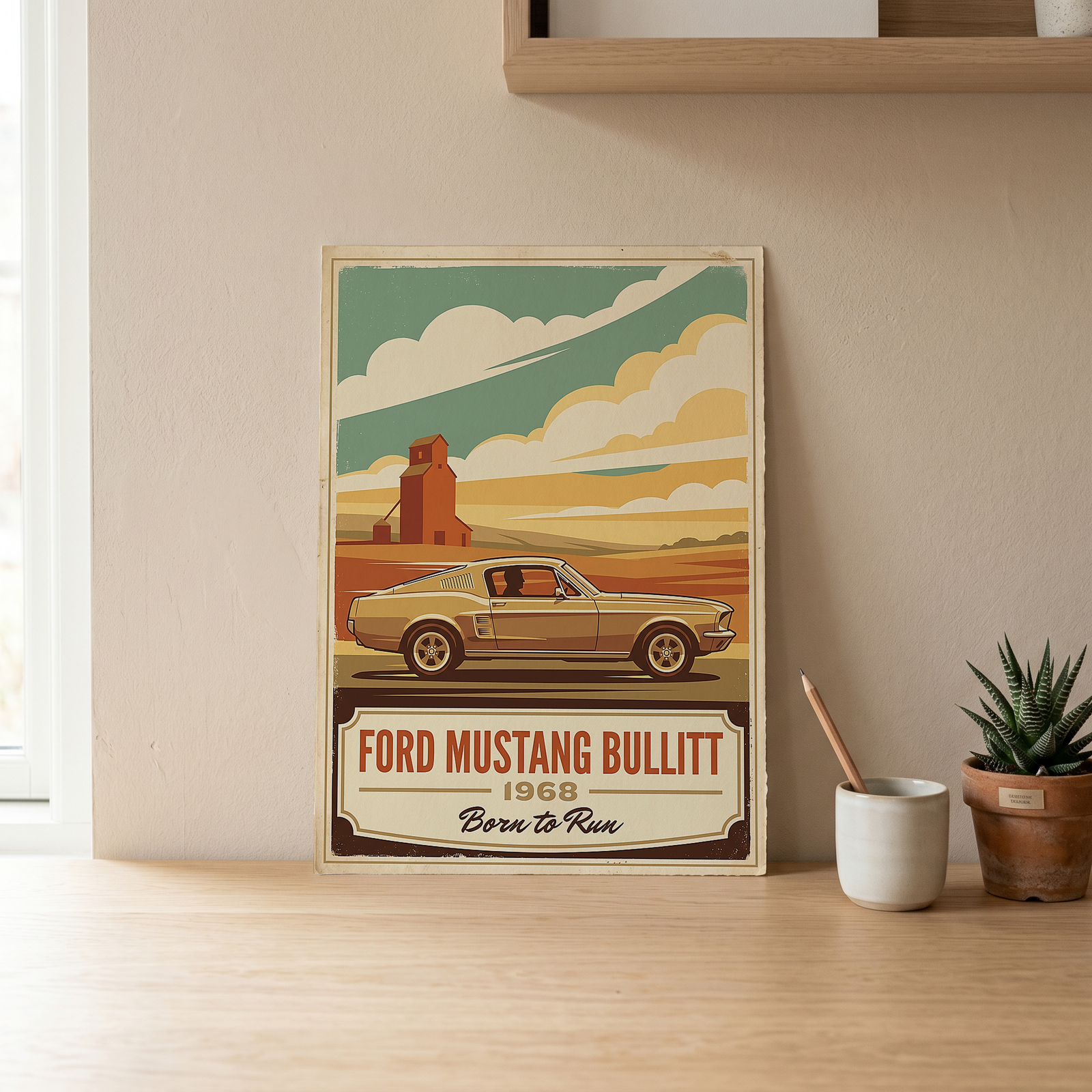 Ford Mustang Bullitt 1968 V2 Poster — Vintage Muscle Country Silo Print