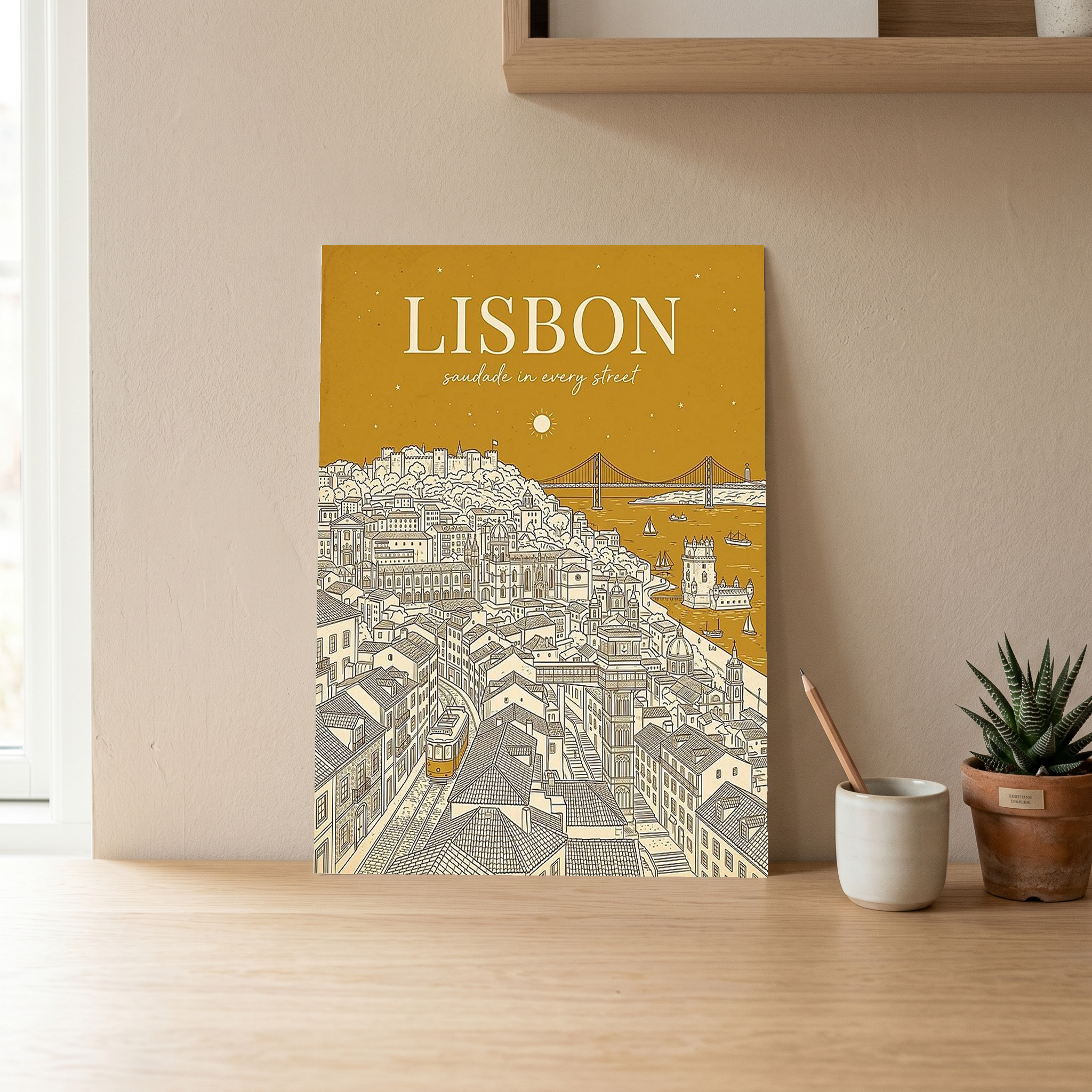 Lisbon Line Art Print — Mustard Yellow Tram Belém Tower Skyline Wall Art