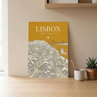 Lisbon Line Art Print — Mustard Yellow Tram Belém Tower Skyline Wall Art