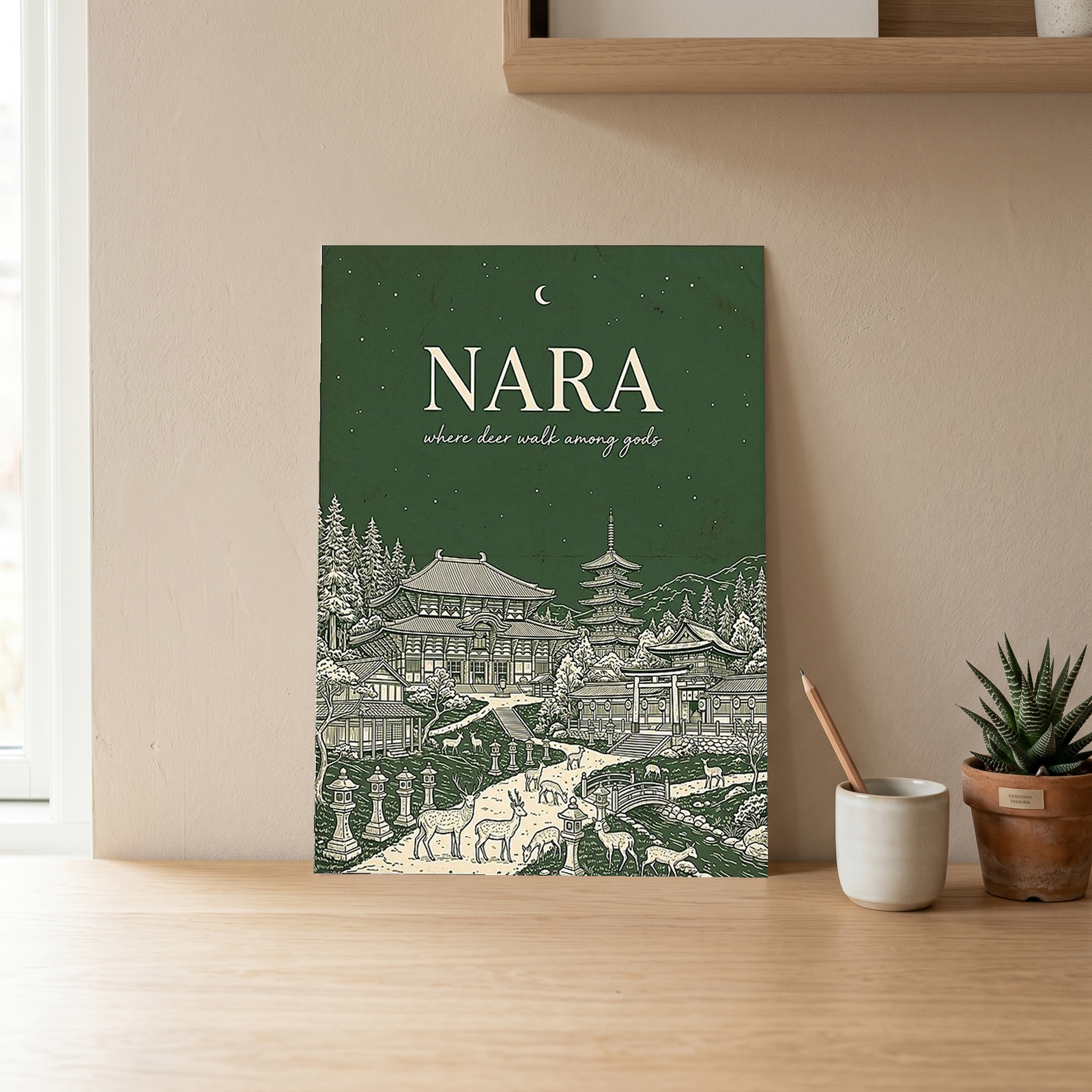 Nara Line Art Print — Forest Green Tōdai-ji Temple Pagoda Deer Wall Art