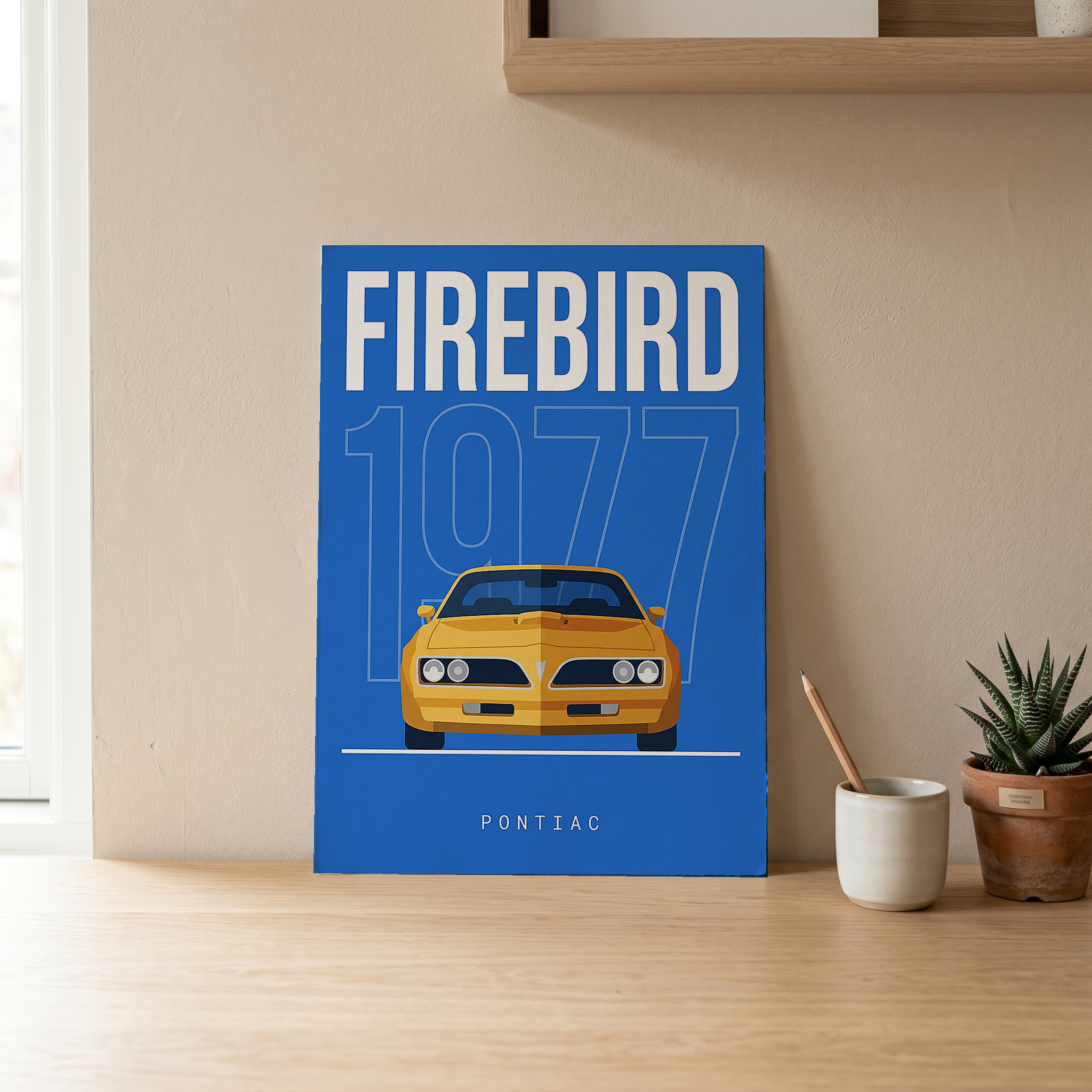 Pontiac Firebird 1977 Minimalist Poster — Blue Muscle Car Line Art