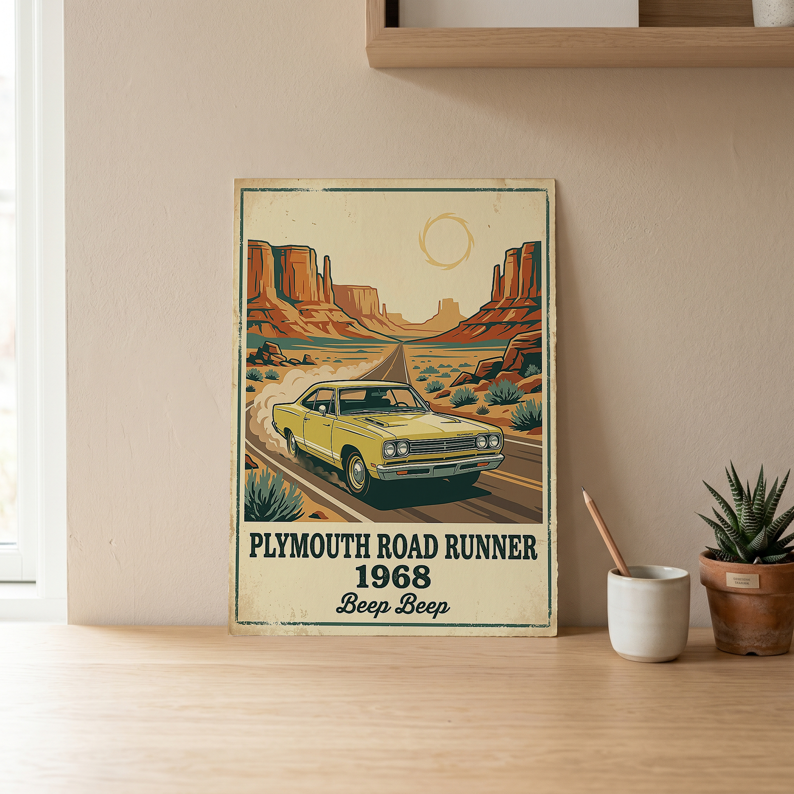Plymouth Road Runner 1968 Poster — Vintage Muscle Car Monument Valley Print