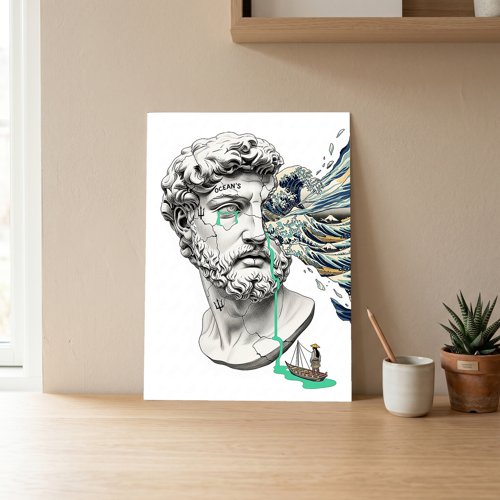 Ocean's Hokusai — Surreal Poseidon Bust Wall Art Print