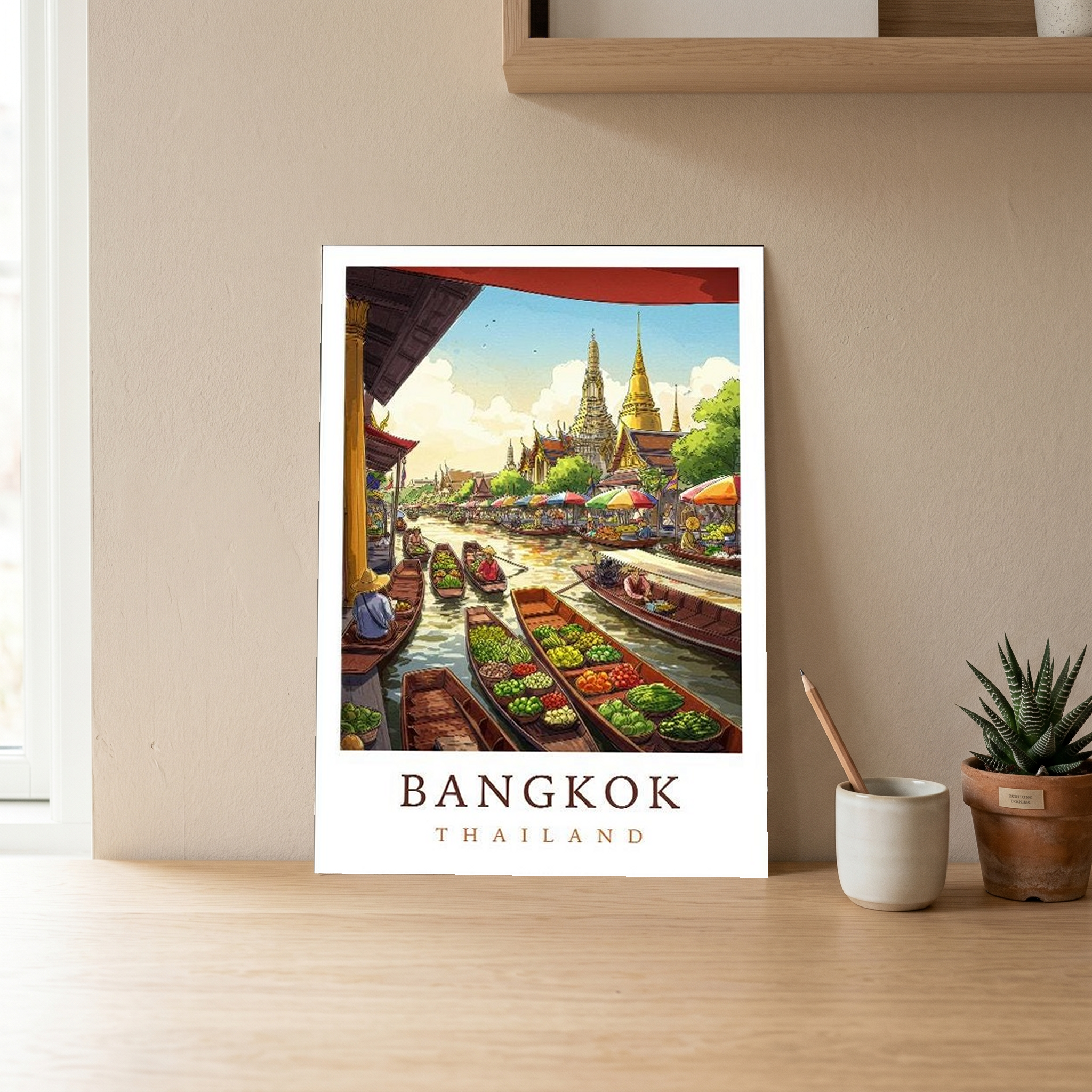 Bangkok Thailand Travel Poster — Floating Market Wat Arun Print