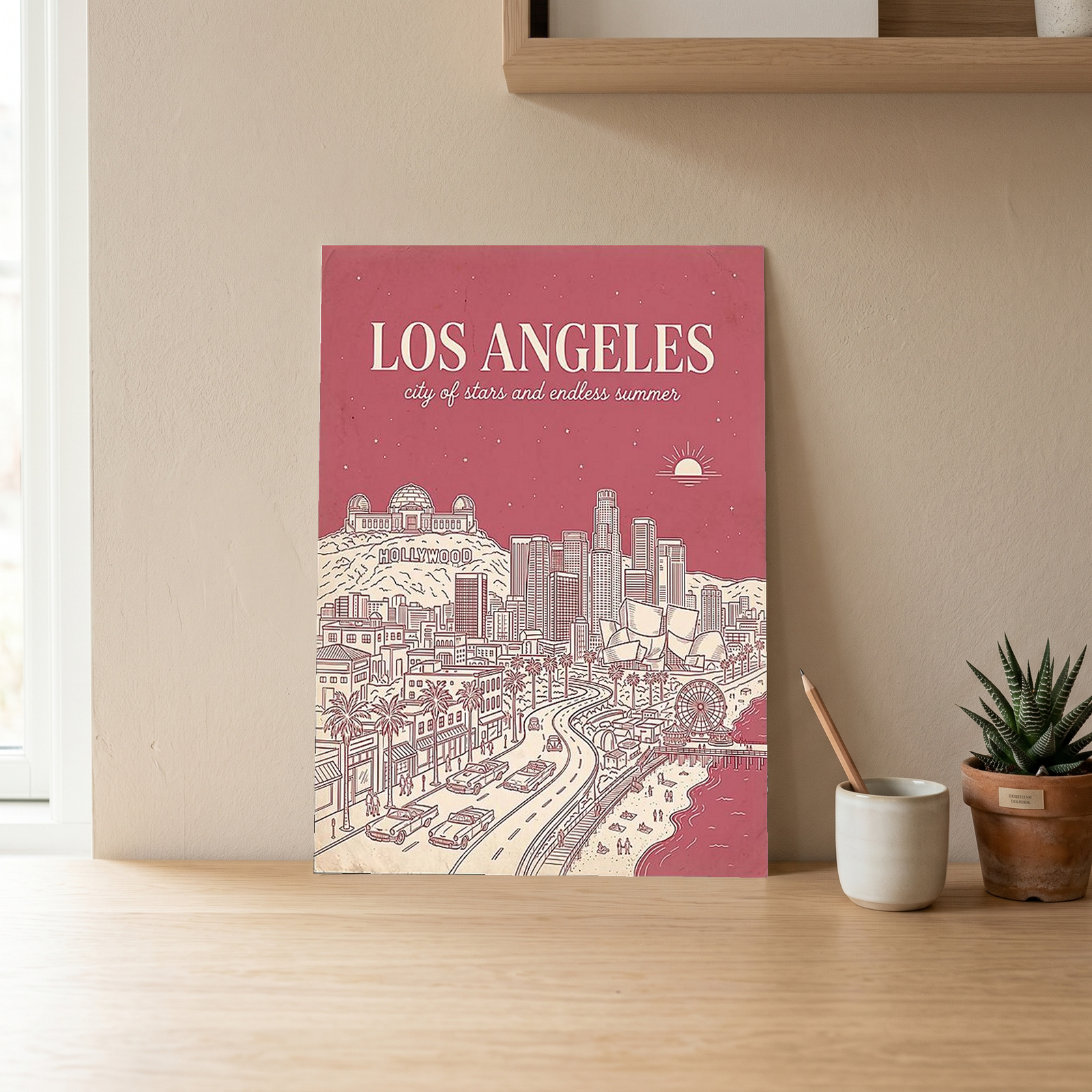 Los Angeles Line Art Print — Pink Hollywood Sign Downtown Skyline Wall Art