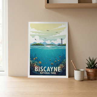 Biscayne National Park Poster — Vintage Florida Coral Reef Lighthouse Print