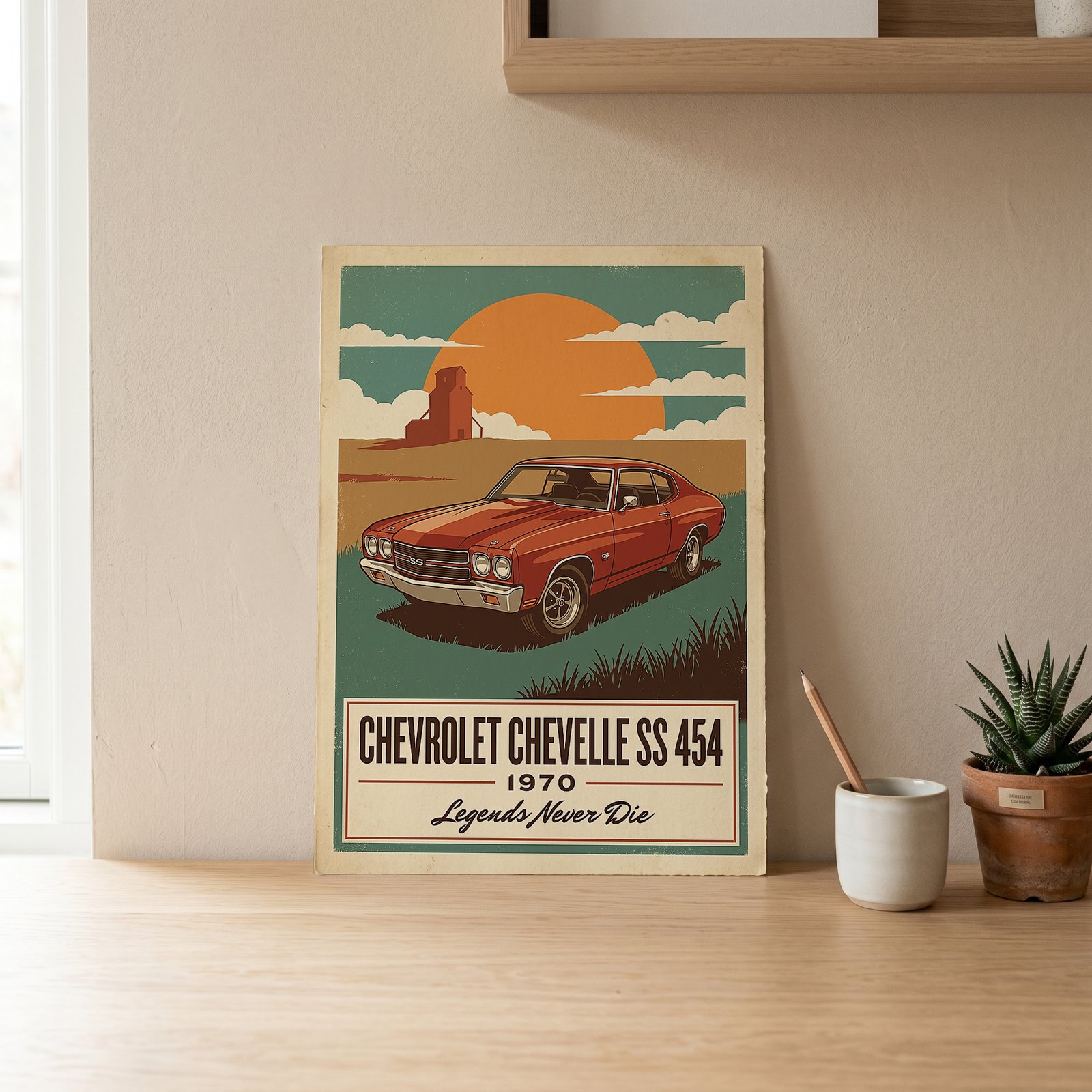 Chevrolet Chevelle SS 454 1970 V8 Sunset Silo Poster — Vintage Muscle Heartland Print