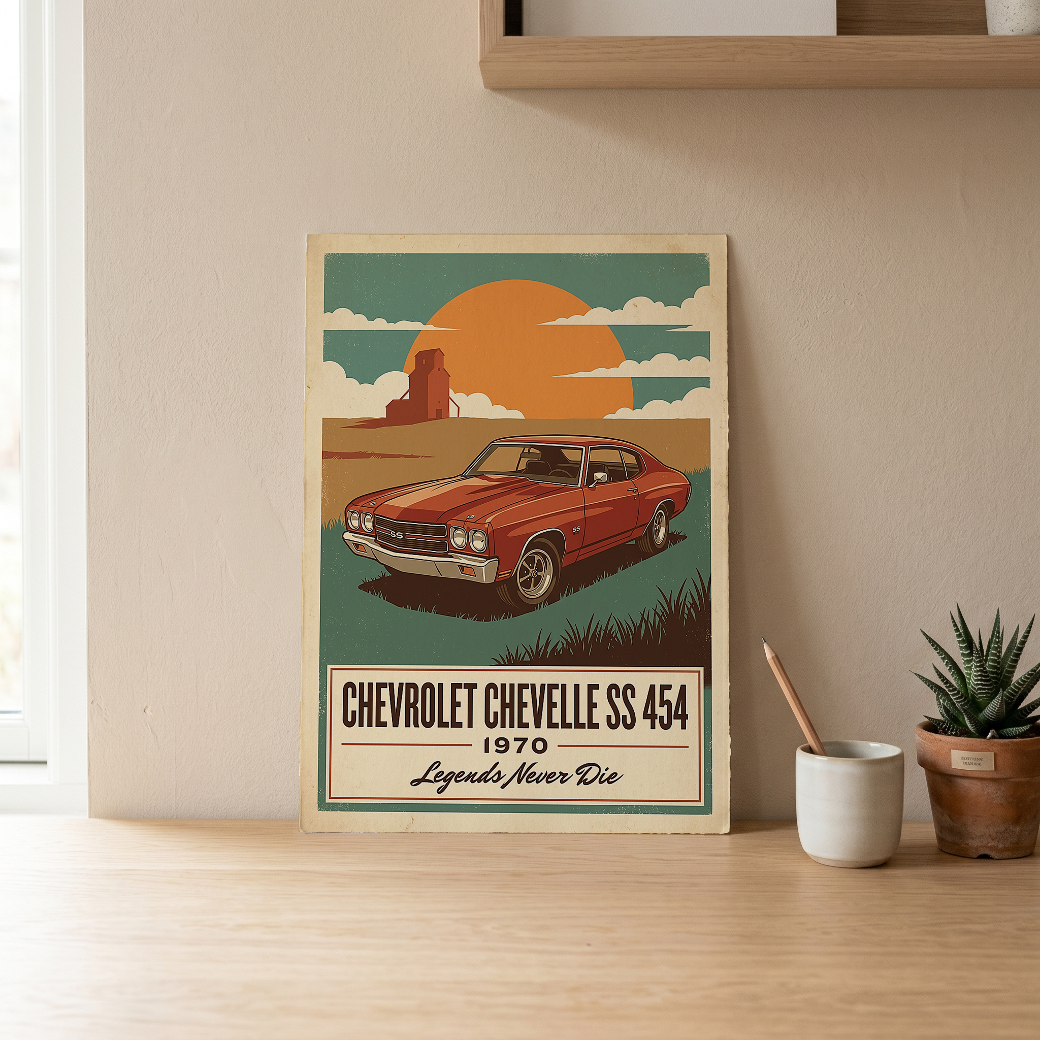 Chevrolet Chevelle SS 454 1970 V8 Sunset Silo Poster — Vintage Muscle Heartland Print
