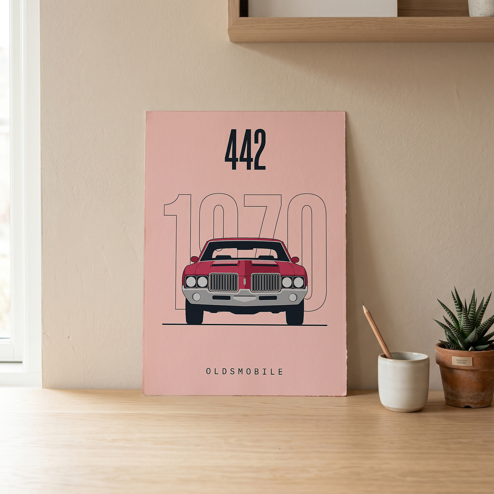 Oldsmobile 442 1970 Minimalist Poster — Blush Pink Muscle Car Line Art
