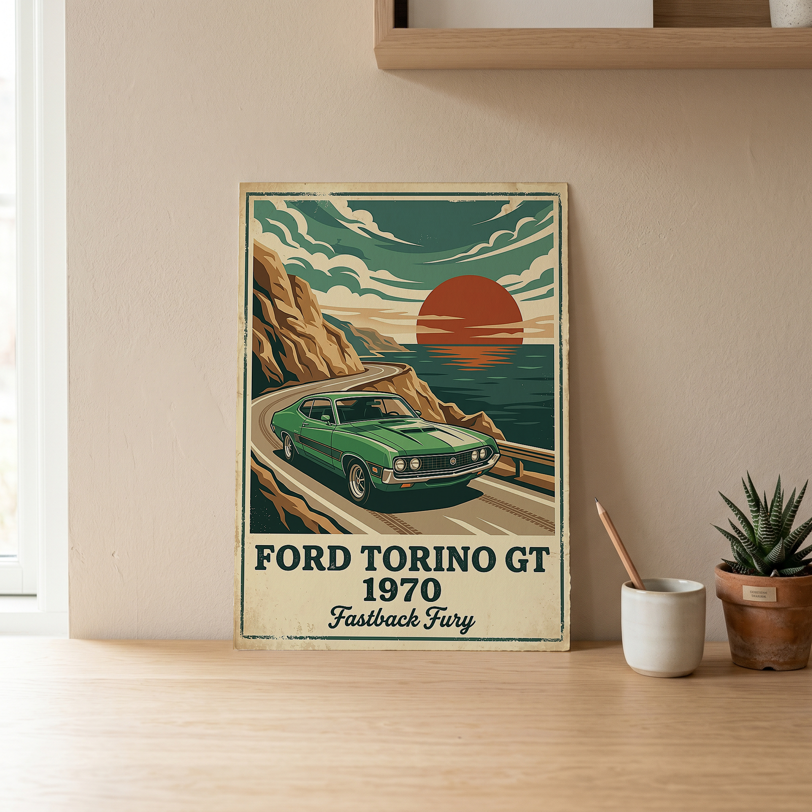 Ford Torino GT 1970 Poster — Vintage Muscle Car Coastal Cliff Sunset Print