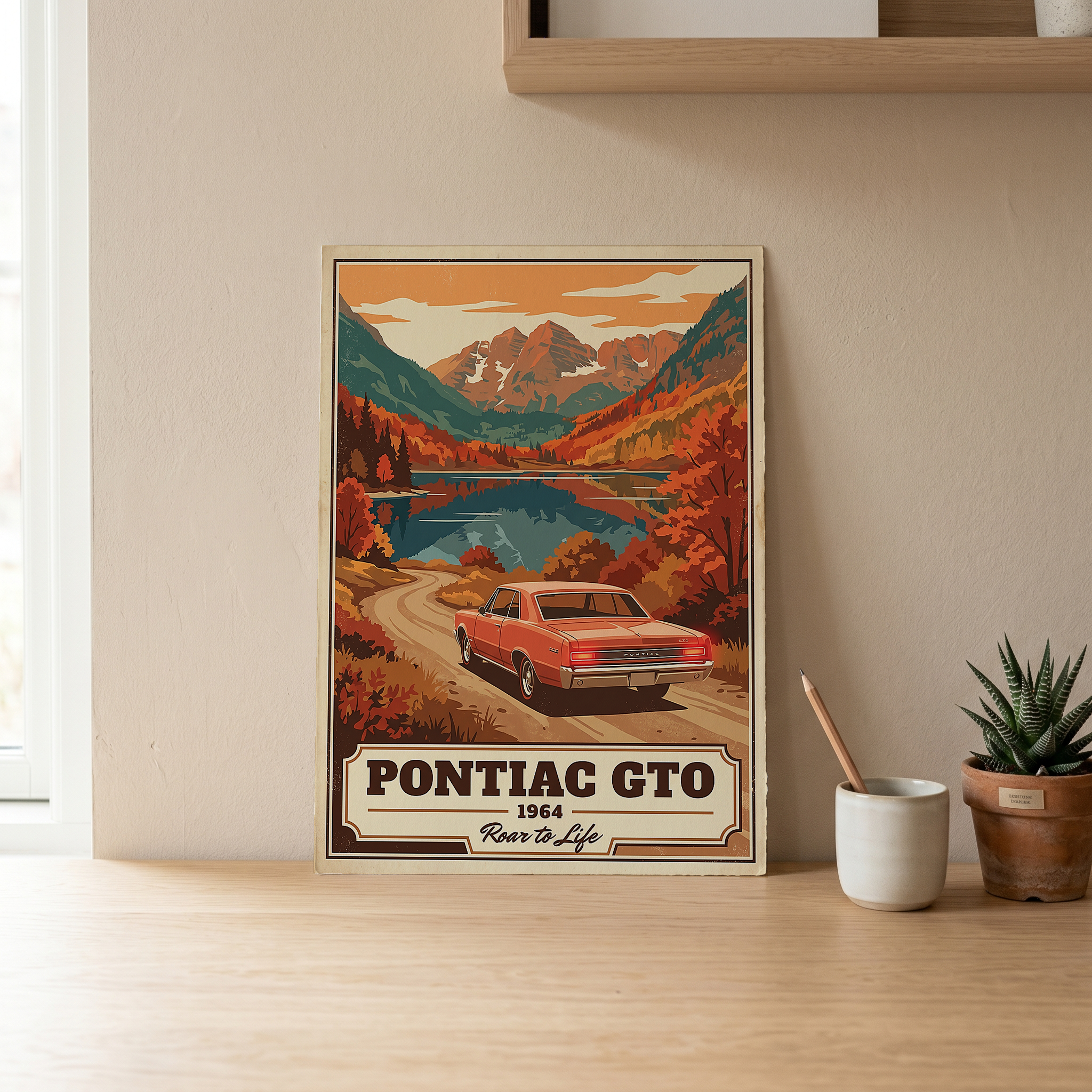 Pontiac GTO 1964 V4 Poster — Vintage Muscle Autumn Mountain Lake Print