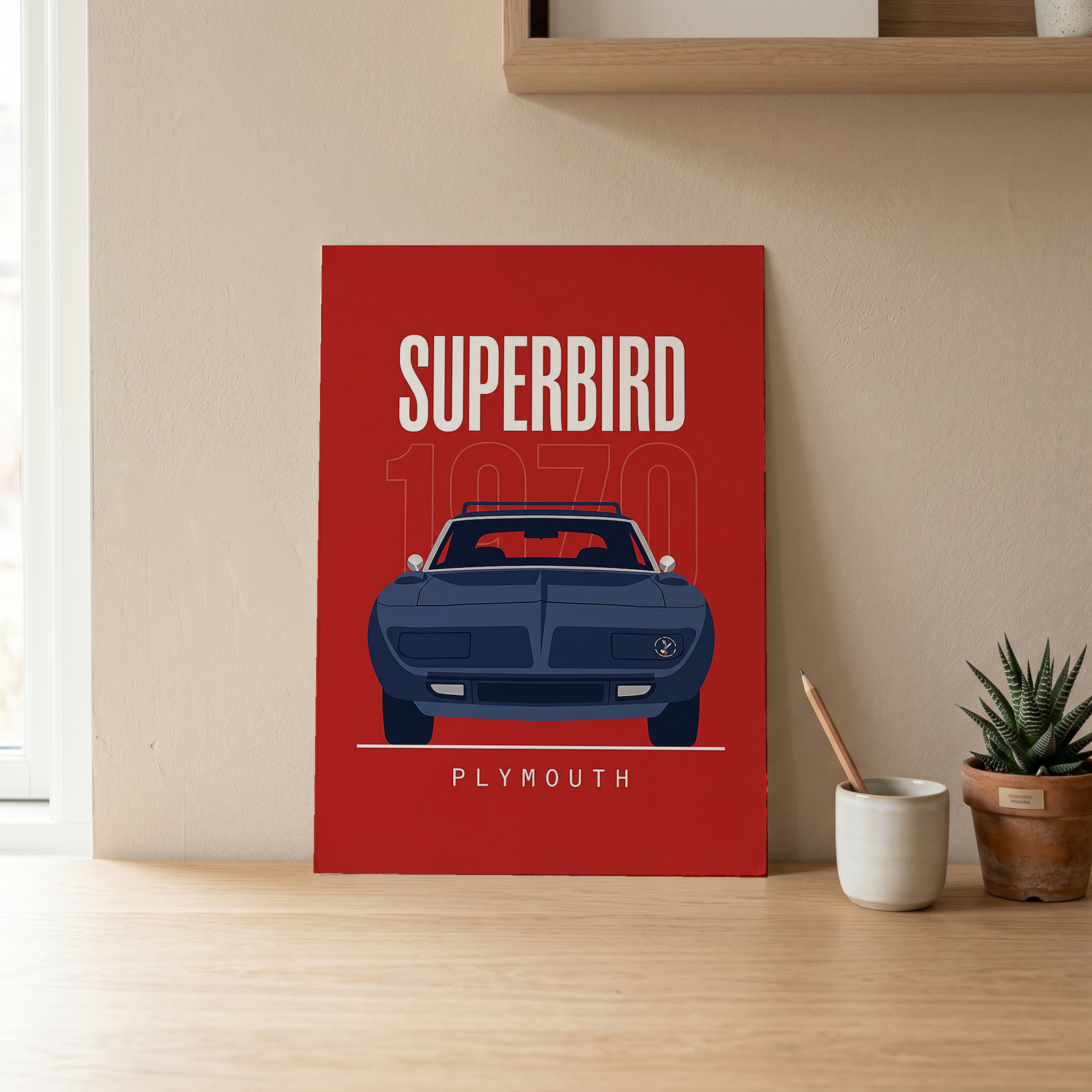 Plymouth Superbird 1970 Minimalist Poster — Red Aero Wing Muscle Line Art