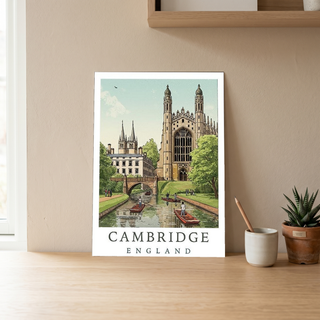 Cambridge England Travel Poster — King's College Punting River Cam Print