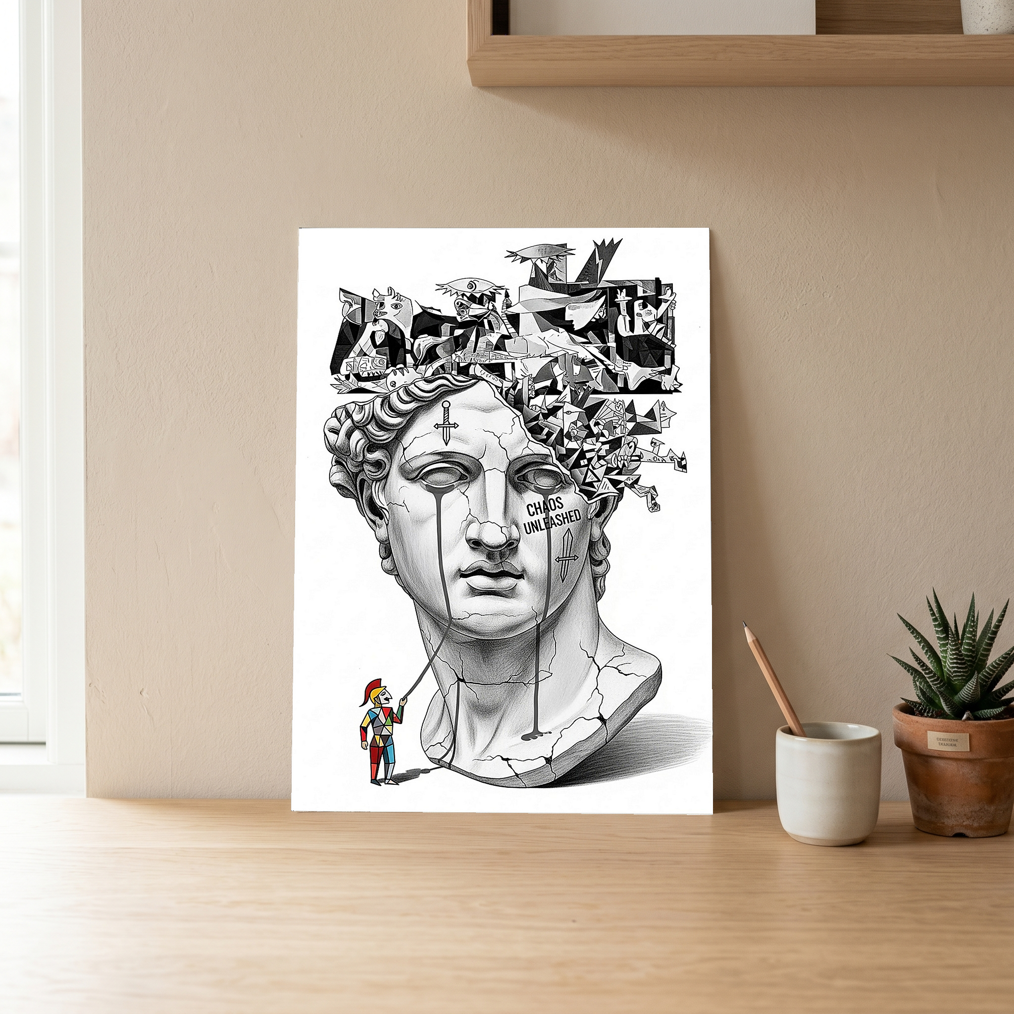 Chaos Unleashed — Surreal David Bust Meets Picasso's Guernica Wall Art Print