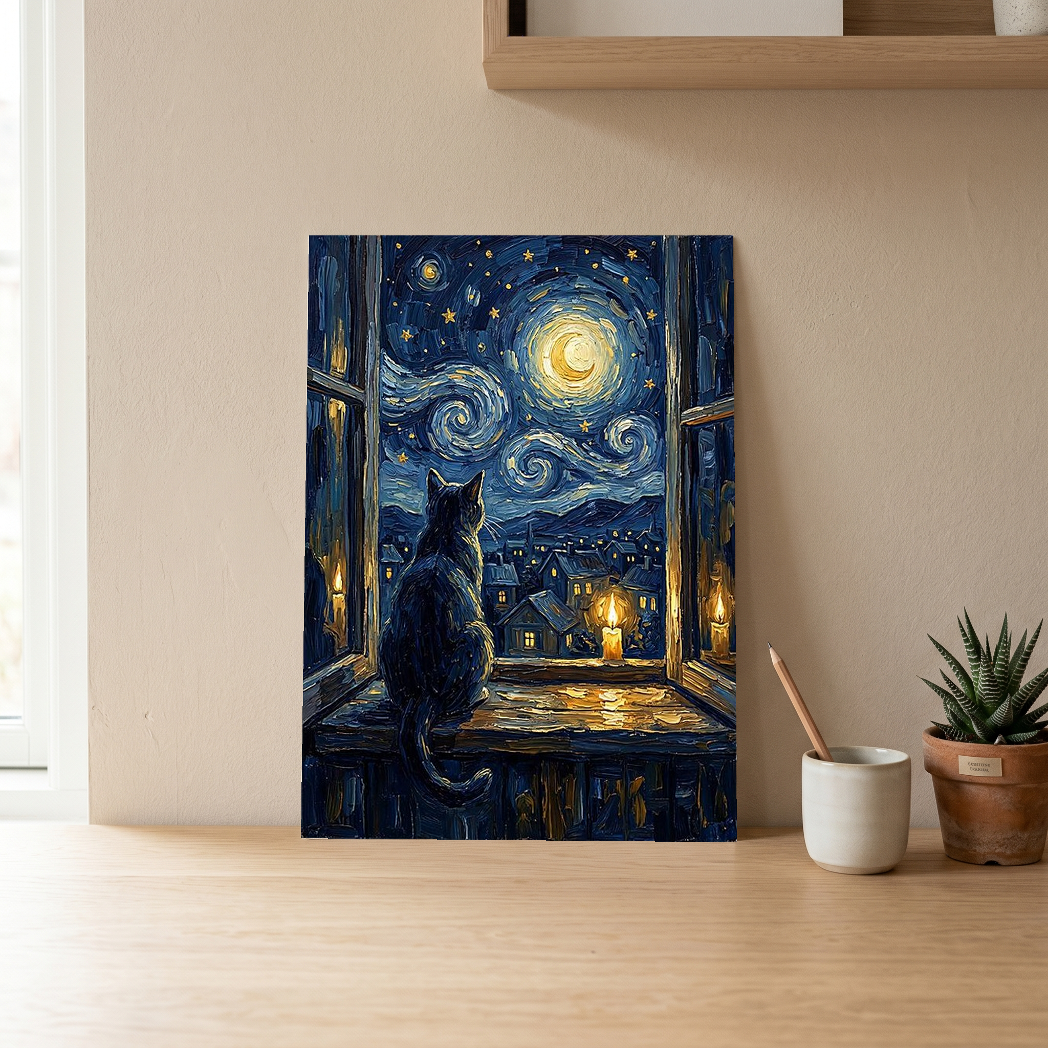 Cat at Candlelit Window Print — Van Gogh Starry Night Village Wall Art