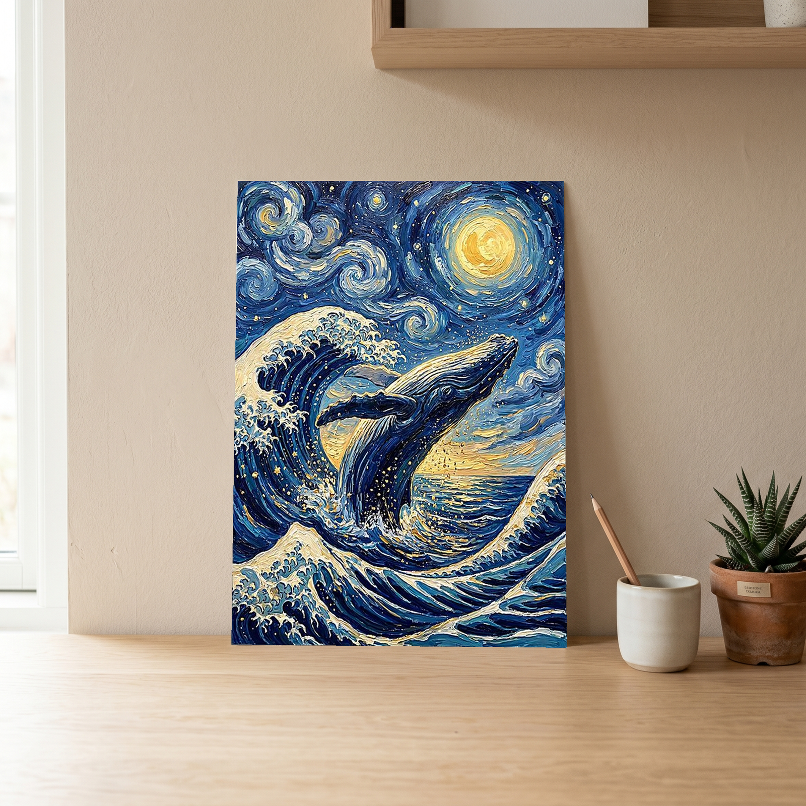 Breaching Whale Starry Night Print — Van Gogh-Style Ocean Humpback Wall Art