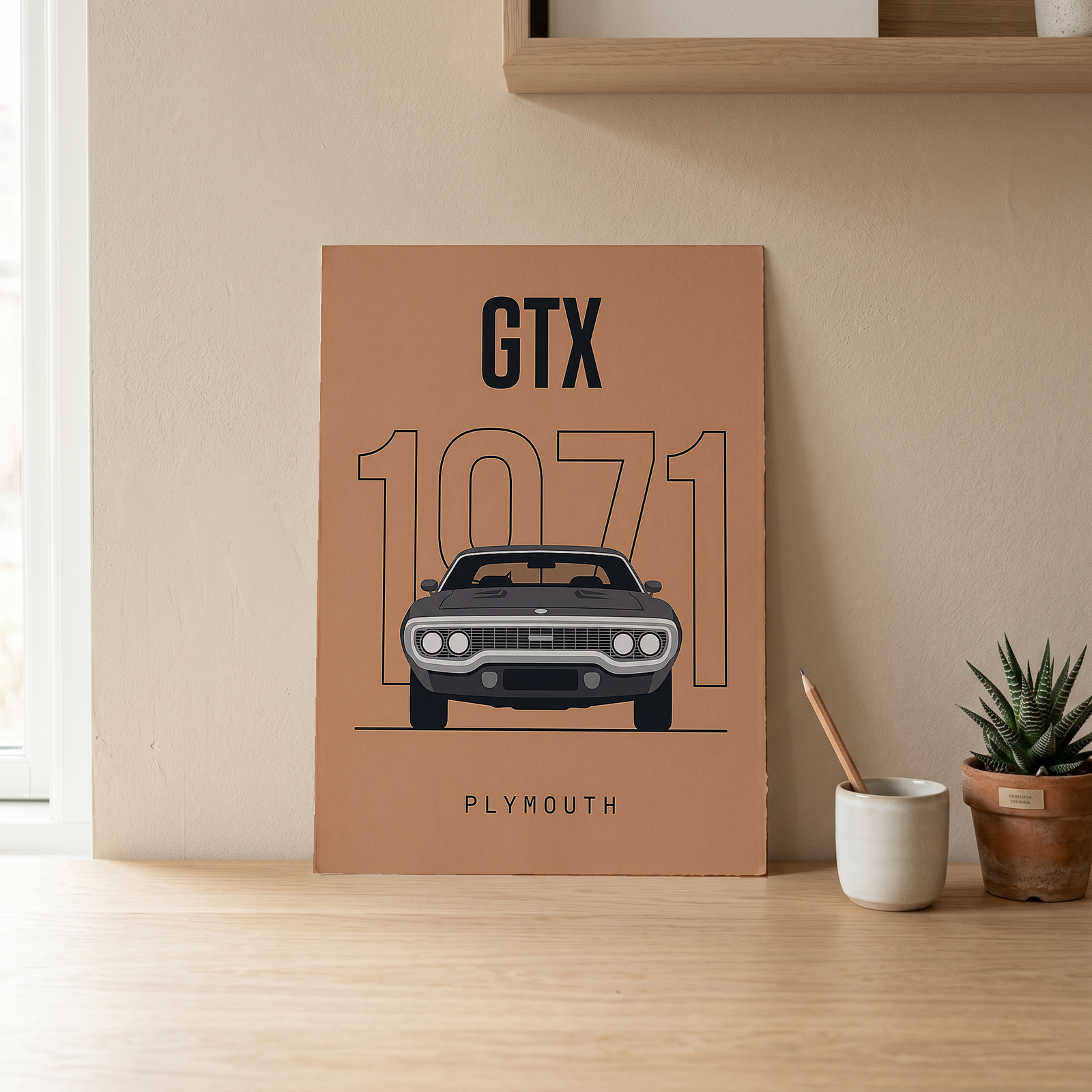 Plymouth GTX 1971 Minimalist Poster — Peach B-Body Muscle Line Art