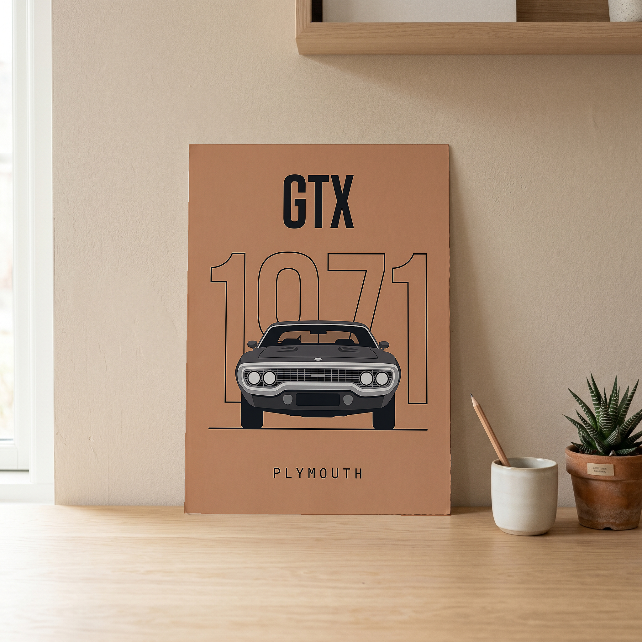 Plymouth GTX 1971 Minimalist Poster — Peach B-Body Muscle Line Art