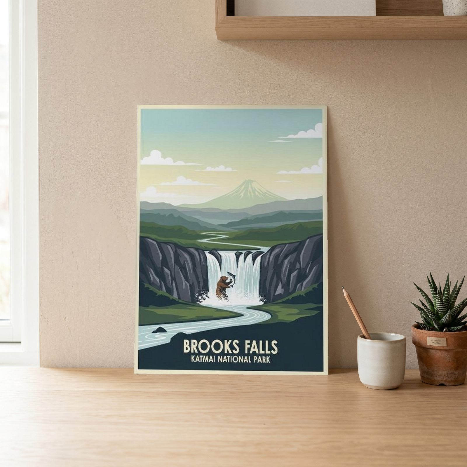 Katmai National Park Poster — Vintage Alaska Brooks Falls Brown Bear Salmon Print