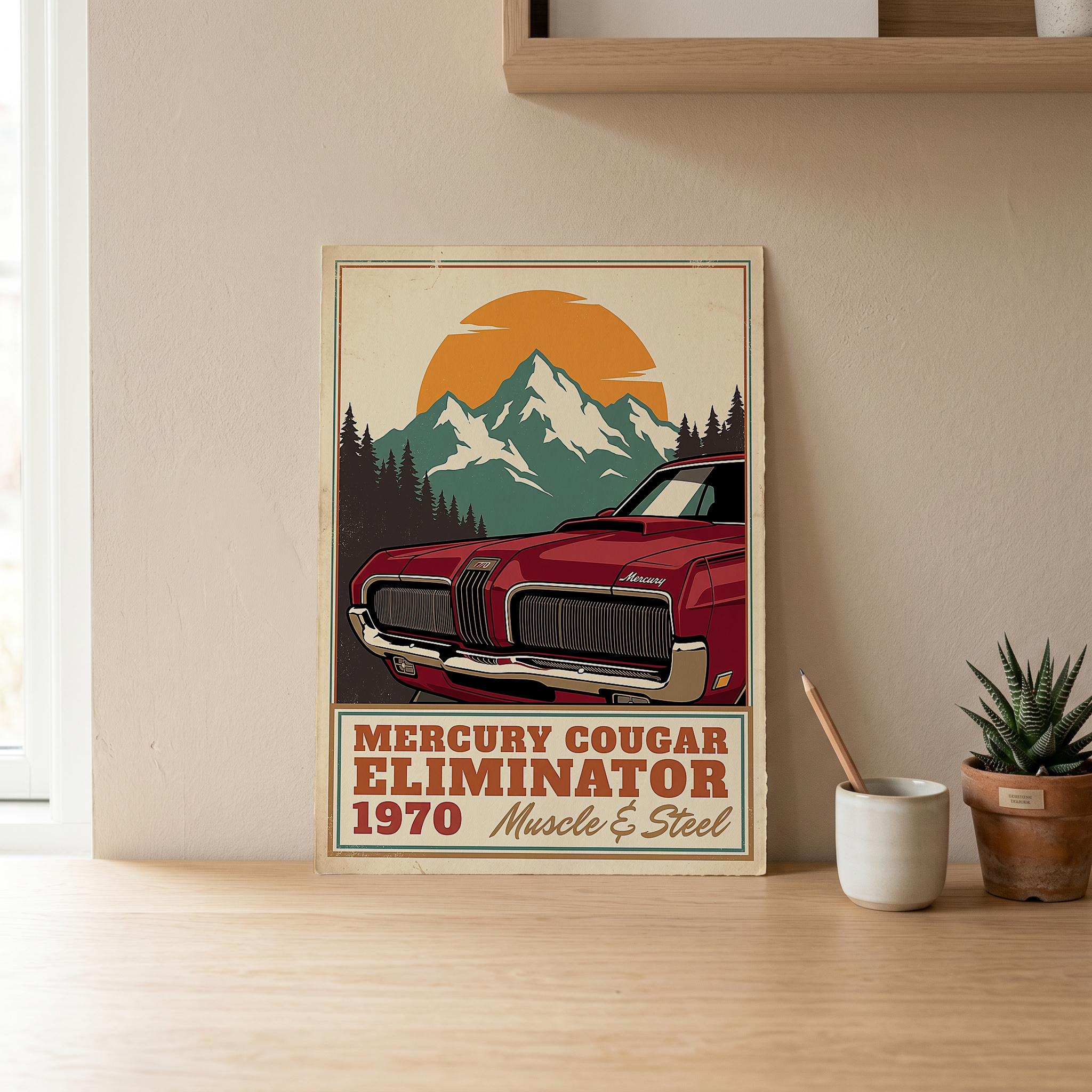 Mercury Cougar Eliminator 1970 V3 Poster — Vintage Muscle Front Grille Mountain Print