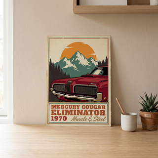 Mercury Cougar Eliminator 1970 V3 Poster — Vintage Muscle Front Grille Mountain Print