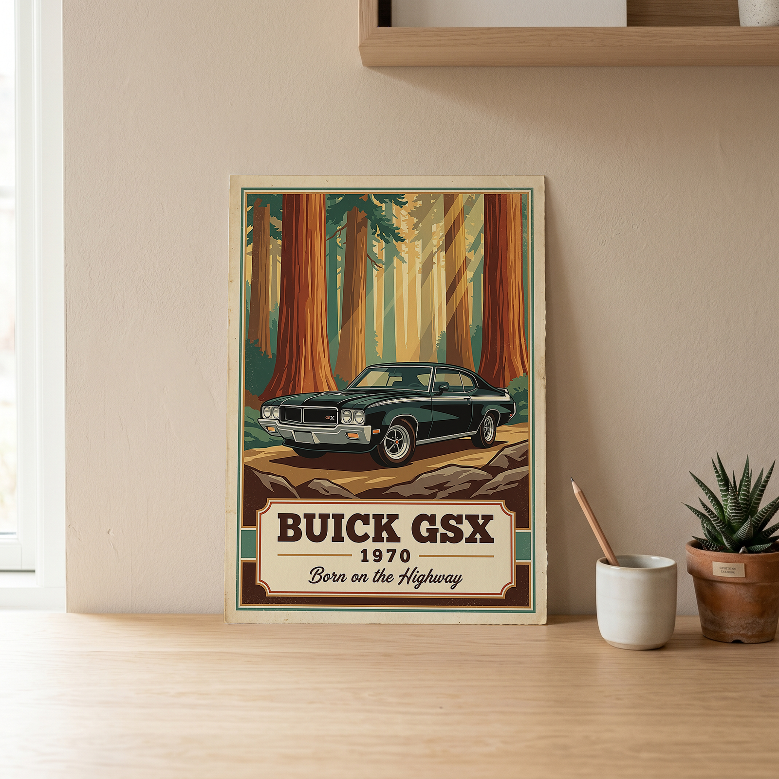 Buick GSX 1970 V2 Poster — Vintage Muscle Redwood Forest Light Beam Print