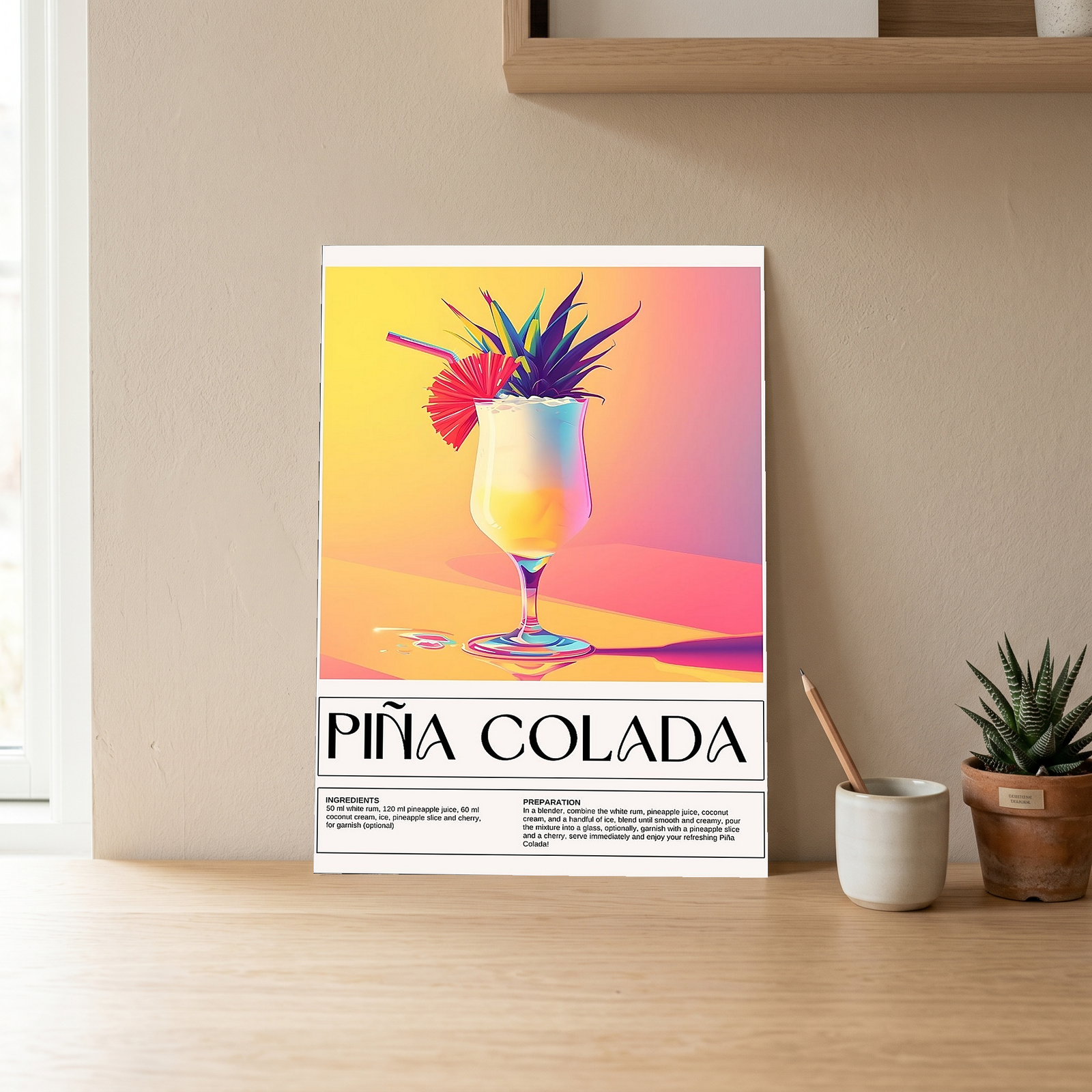 Pina Colada Wall Art Print — Tropical Coconut Rum Cocktail Poster