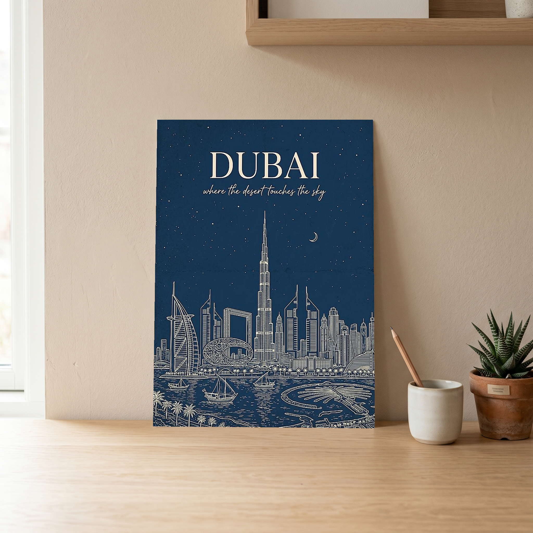 Dubai Line Art Print — Navy Burj Khalifa Skyline Wall Art