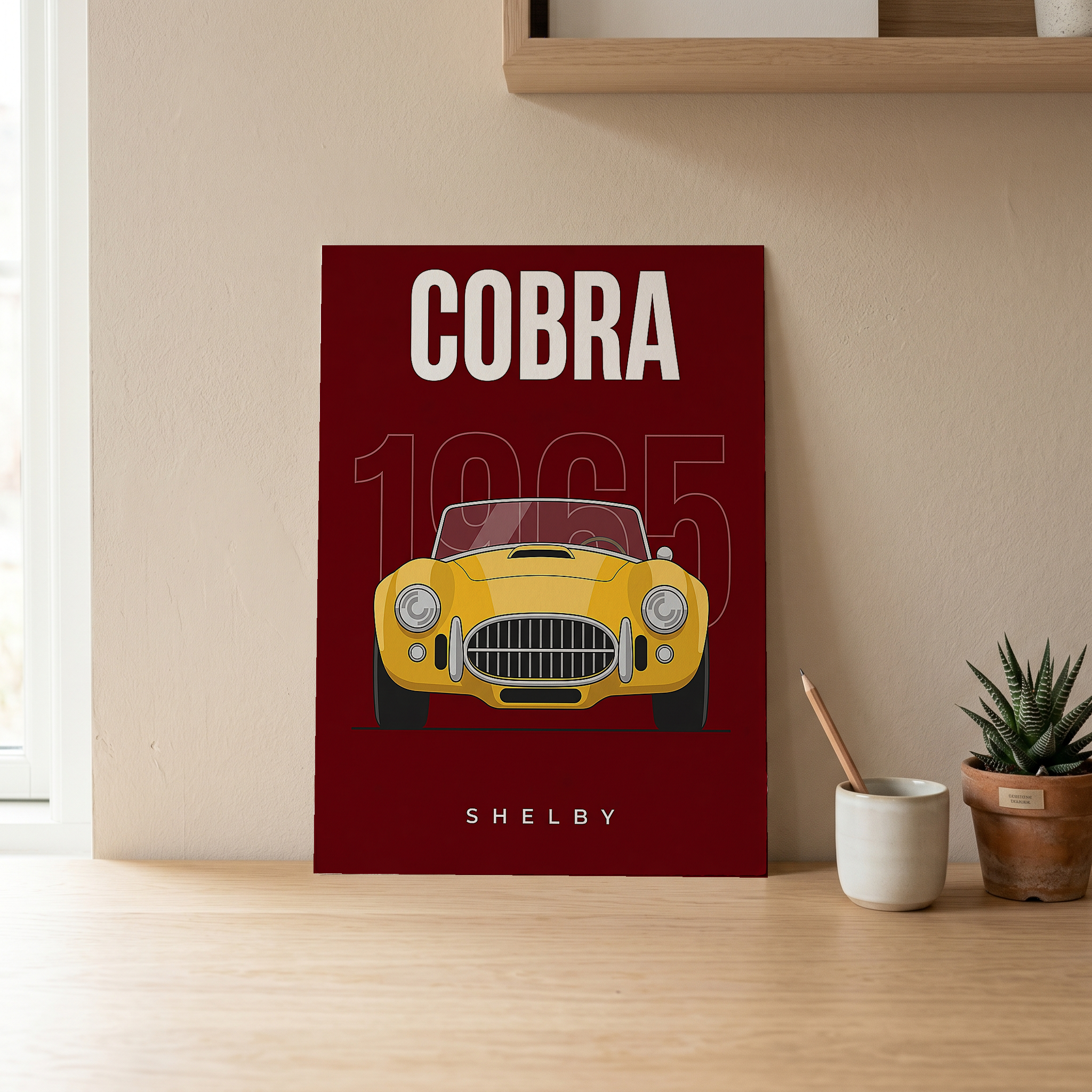 Shelby Cobra 1965 Minimalist Poster — Burgundy Roadster Line Art