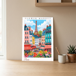 Paris Flower Market Print — Eiffel Tower Cityscape French Botanical Art
