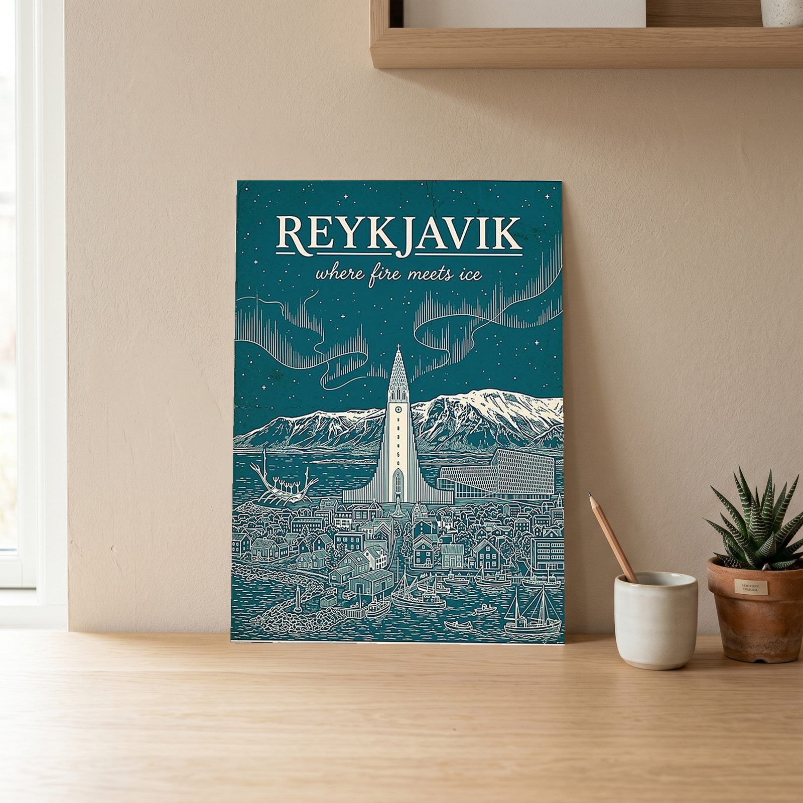 Reykjavik Line Art Print — Teal Hallgrímskirkja Aurora Skyline Wall Art