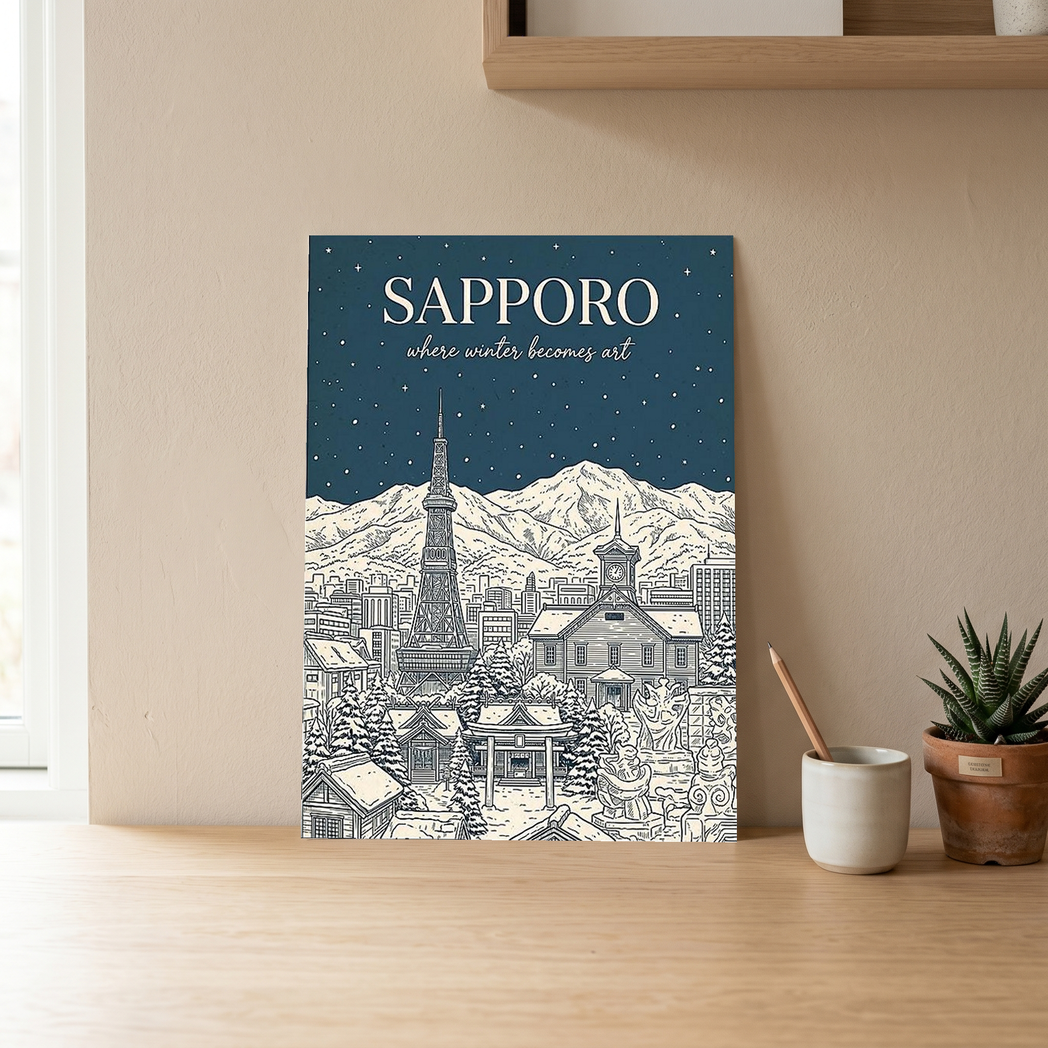 Sapporo Line Art Print — Steel Blue Snow Festival TV Tower Wall Art