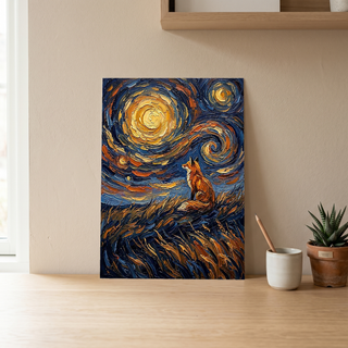 Lone Fox Starry Night Print — Van Gogh-Style Wildlife Hillside Wall Art