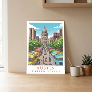 Austin Texas Travel Poster — State Capitol Food Truck Congress Print