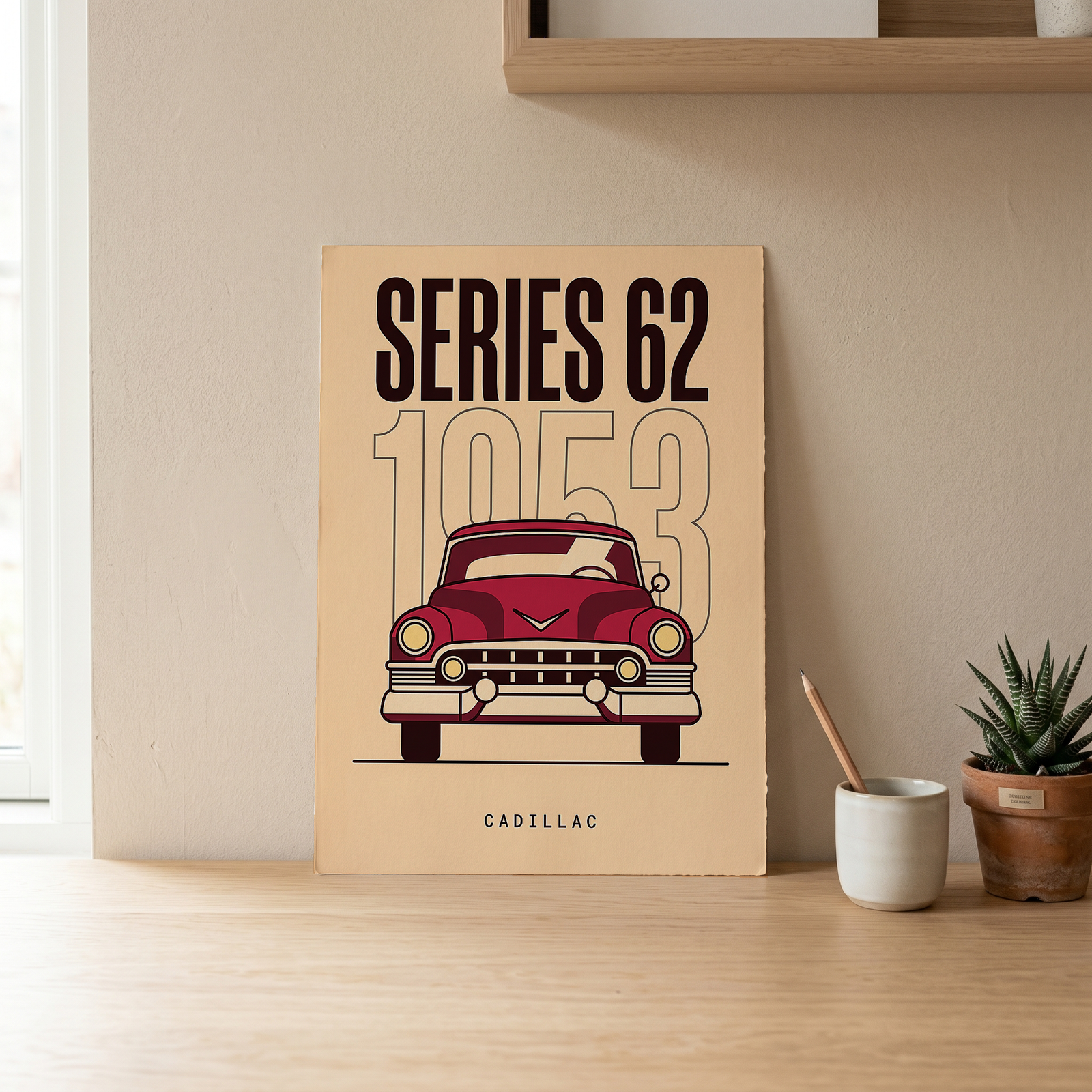 Cadillac Series 62 1953 Minimalist Poster — Cream Classic Car Line Art