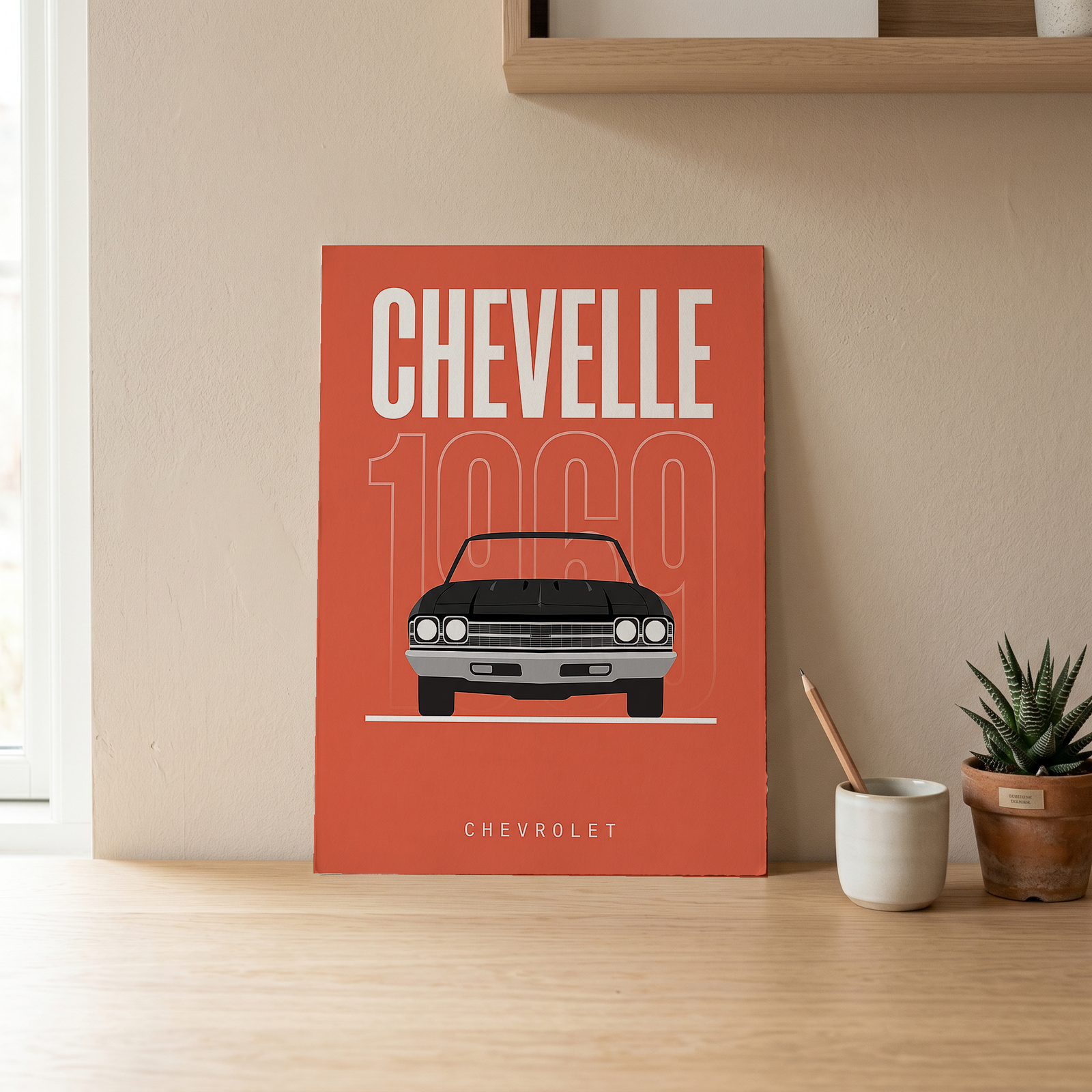 Chevrolet Chevelle 1969 Minimalist Poster — Coral Convertible Muscle Line Art