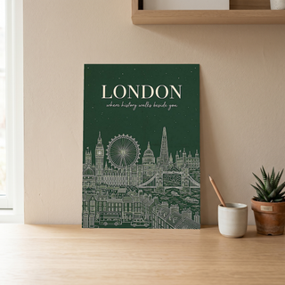 London Line Art Print — Forest Green Big Ben London Eye Skyline Wall Art