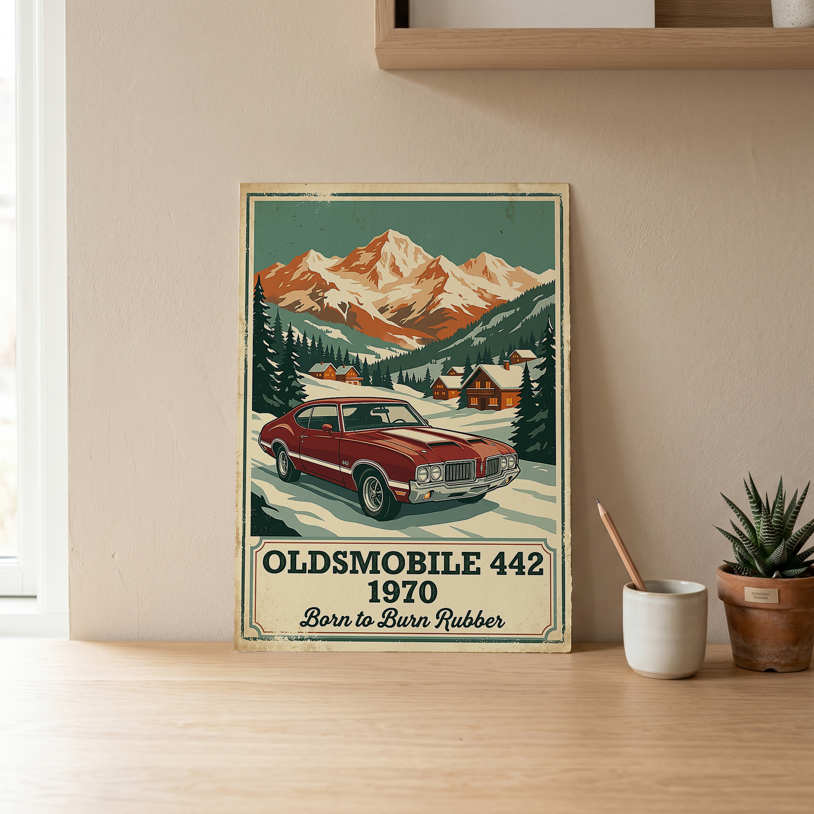 Oldsmobile 442 1970 V2 Poster — Vintage Muscle Winter Alpine Village Print