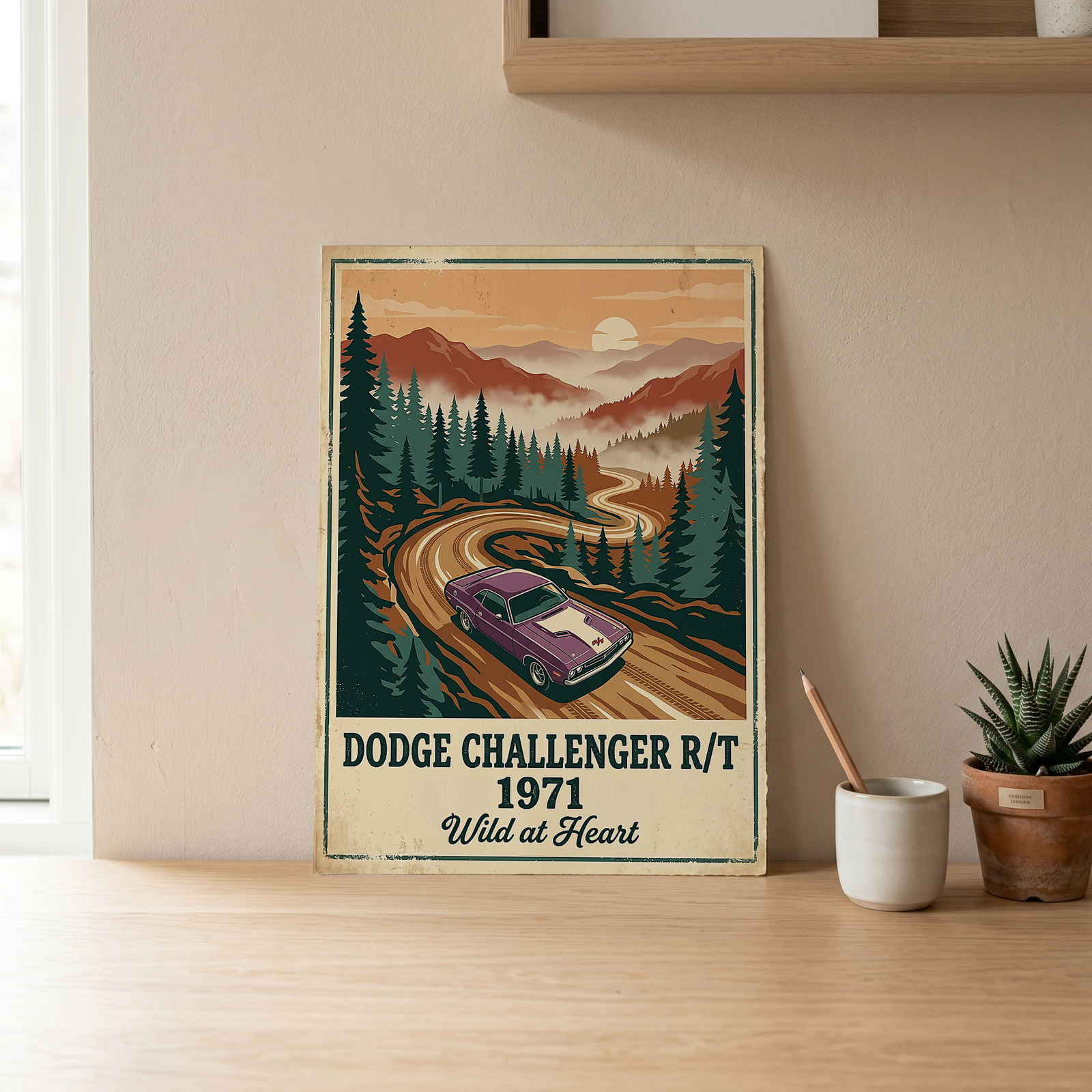 Dodge Challenger R/T 1971 V2 Poster — Vintage Muscle Misty Pine Mountain Print
