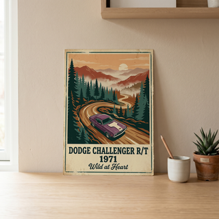 Dodge Challenger R/T 1971 V2 Poster — Vintage Muscle Misty Pine Mountain Print