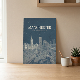 Manchester Line Art Print — Slate Blue Town Hall Industrial Skyline Wall Art