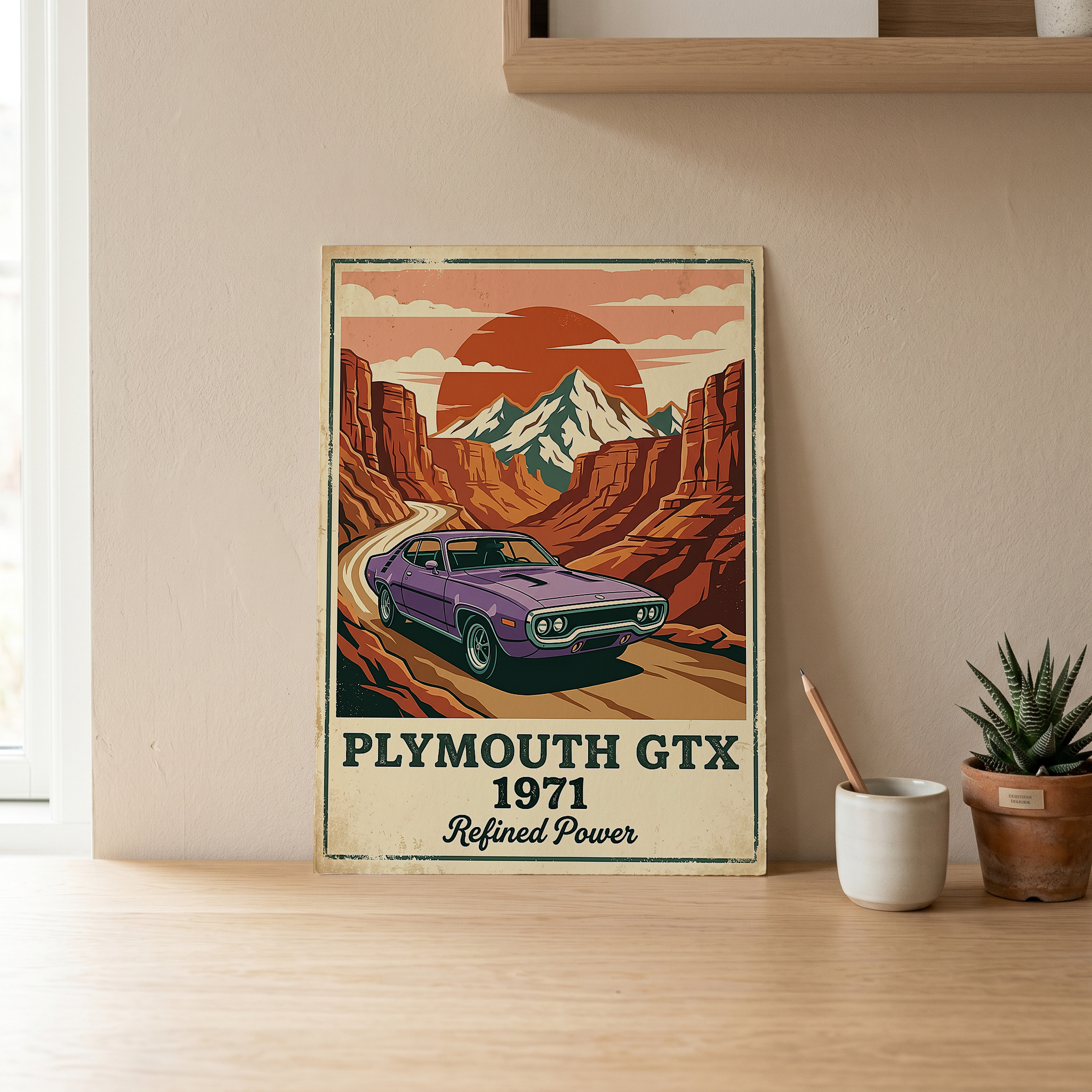 Plymouth GTX 1971 Poster — Vintage Muscle Car Red Rock Canyon Print