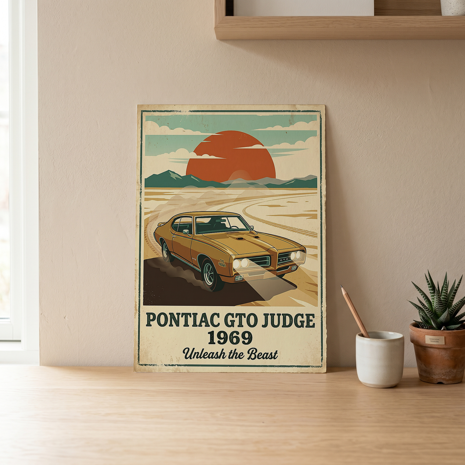 Pontiac GTO Judge 1969 V2 Poster — Vintage Muscle Car Desert Sunset Print