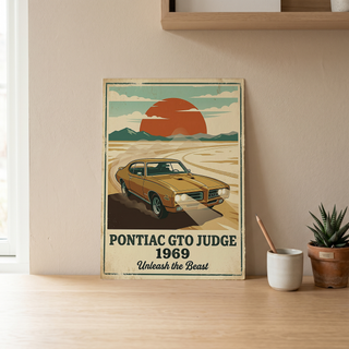 Pontiac GTO Judge 1969 V2 Poster — Vintage Muscle Car Desert Sunset Print