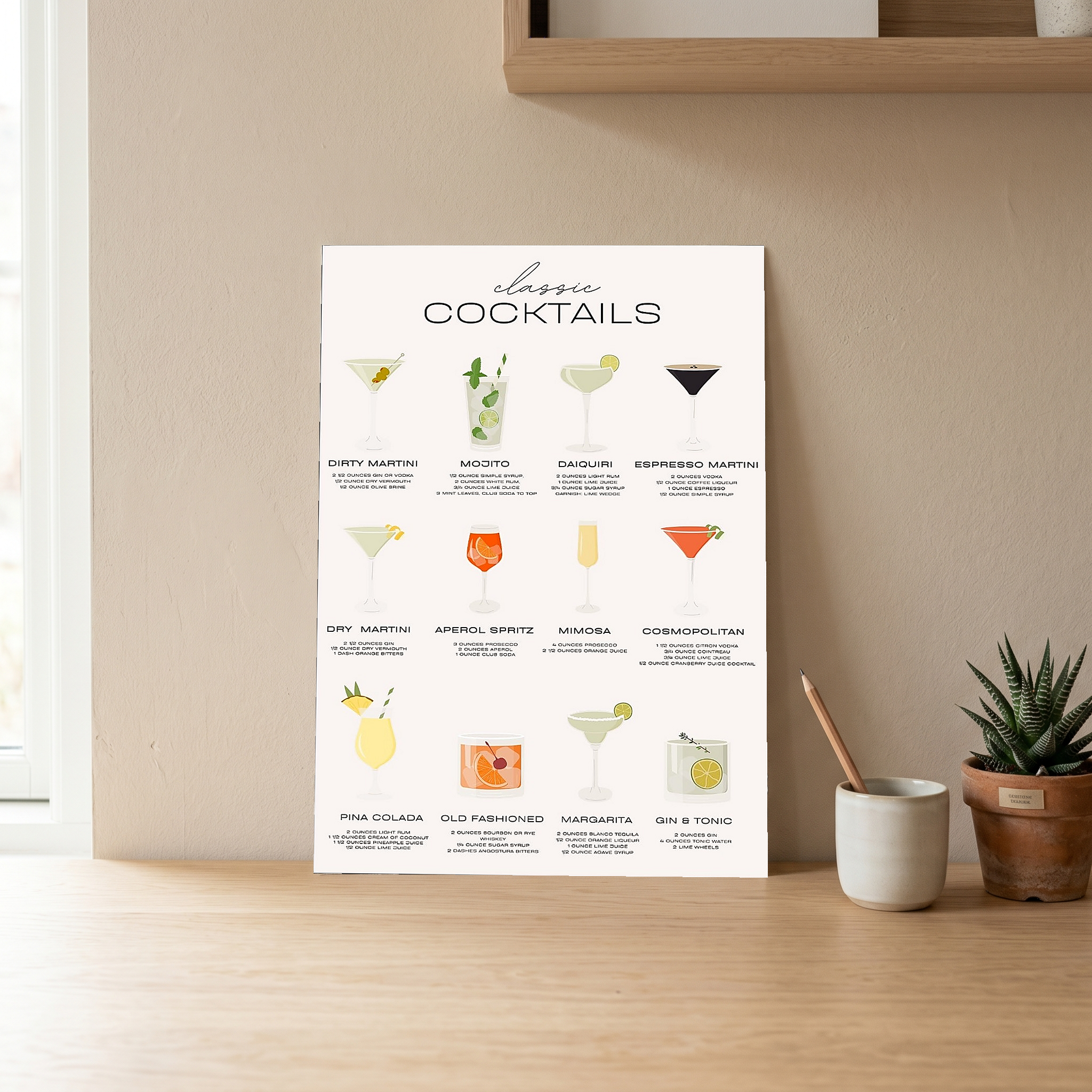 Classic Cocktails Wall Art Print — Vintage Bar Menu Poster