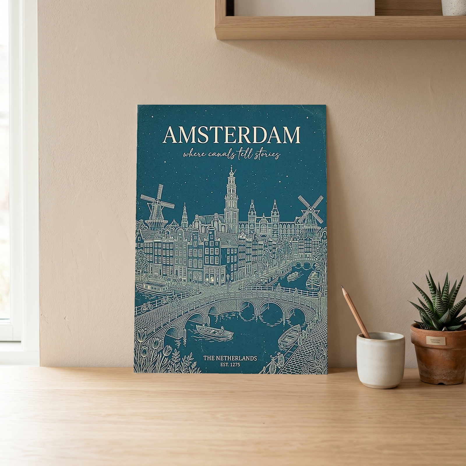 Amsterdam Line Art Print — Teal Canal Windmill Skyline Wall Art
