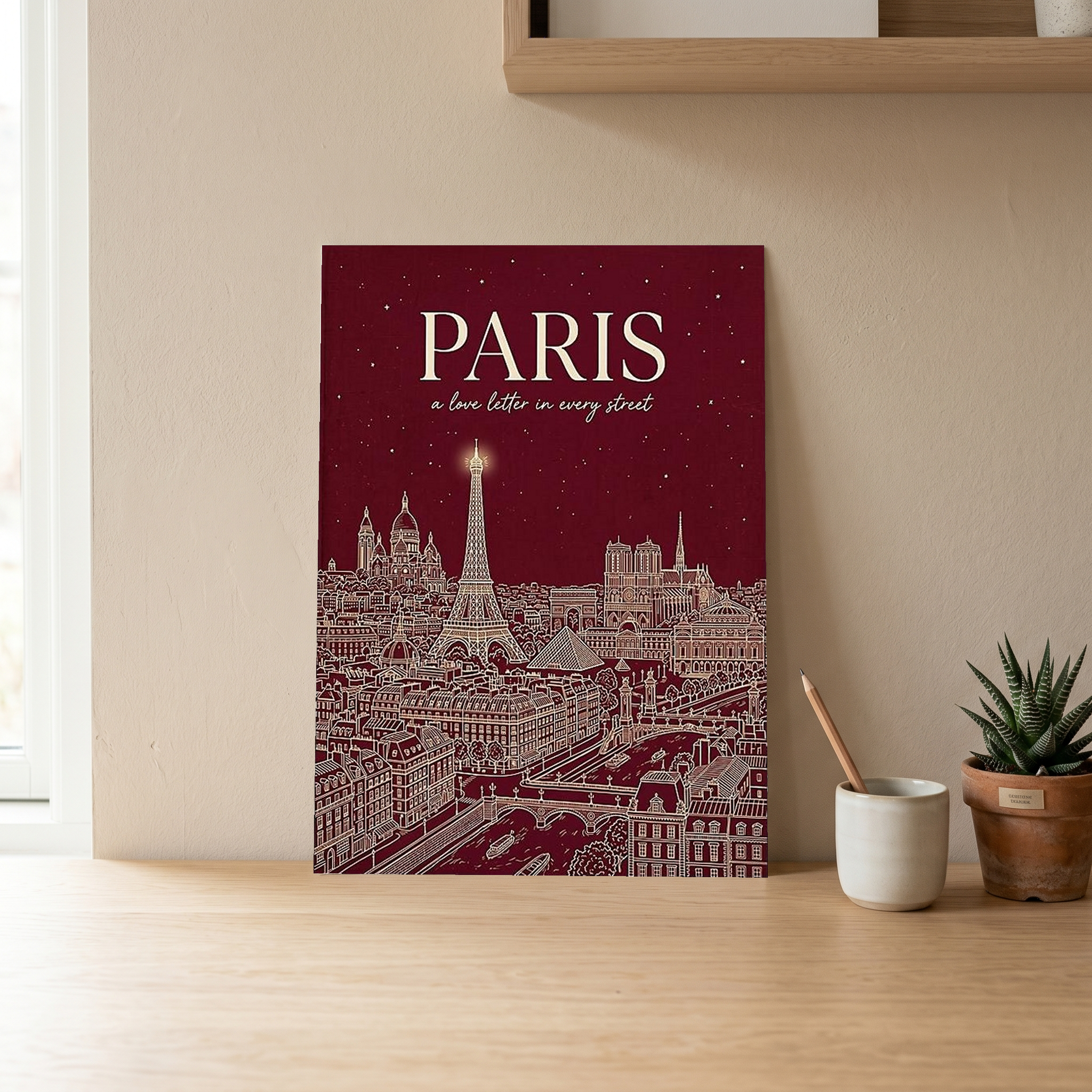 Paris Line Art Print — Burgundy Eiffel Tower Skyline Wall Art
