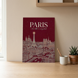 Paris Line Art Print — Burgundy Eiffel Tower Skyline Wall Art