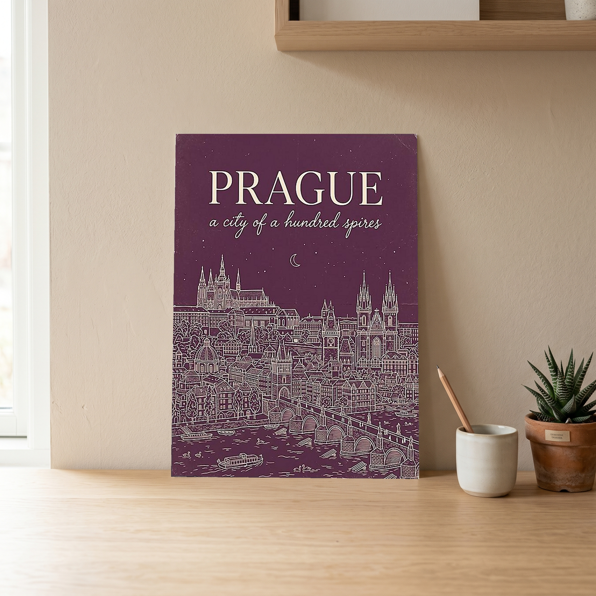 Prague Line Art Print — Plum Castle Charles Bridge Skyline Wall Art