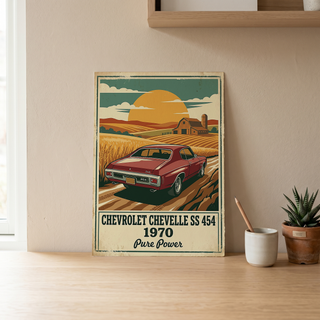 Chevrolet Chevelle SS 454 1970 V3 Poster — Vintage Muscle Car Wheat Field Barn Print